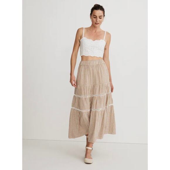 Madewell Dresses & Skirts - Madewell Linen-Blend Eyelet-Trim Women’s XL Tiered Maxi Skirt Seed Khaki Plaid